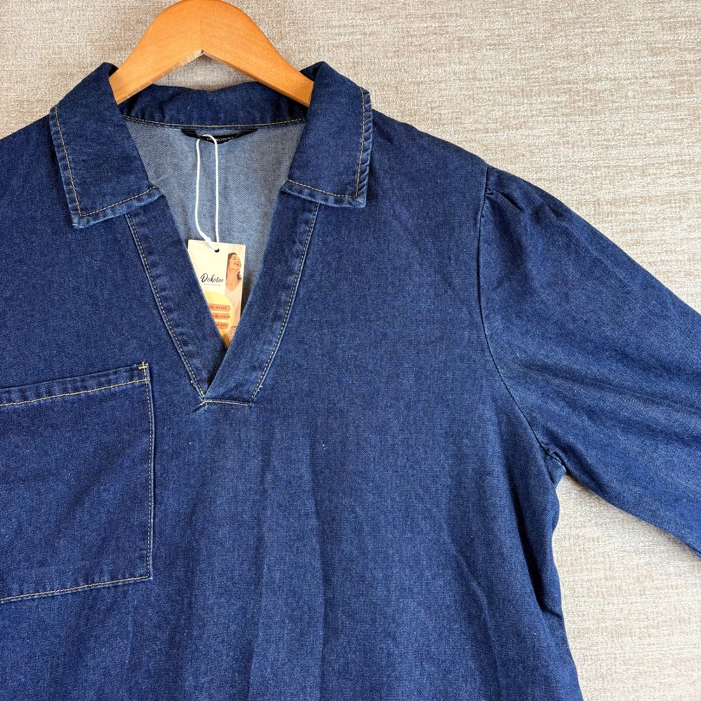 NEW Dokotoo Denim Shift Dress Womens Large Blue V-Neck Long Sleeve Mini NWT